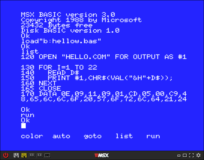 Basic code for writing a hello world command in MSX-DOS, webmsx emulator