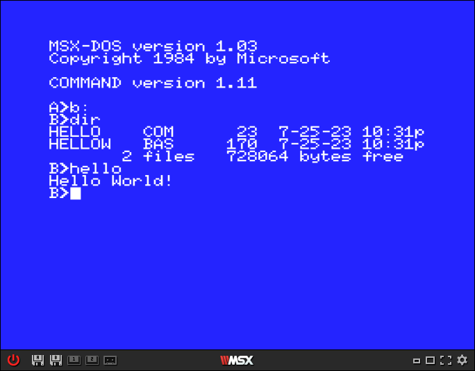 Hello world command running in MSX-DOS, webmsx emulator